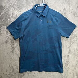 Under Armour Mens Size M Blue Camo Vented Short Sleeve Poly Golf Polo Shirt Heat